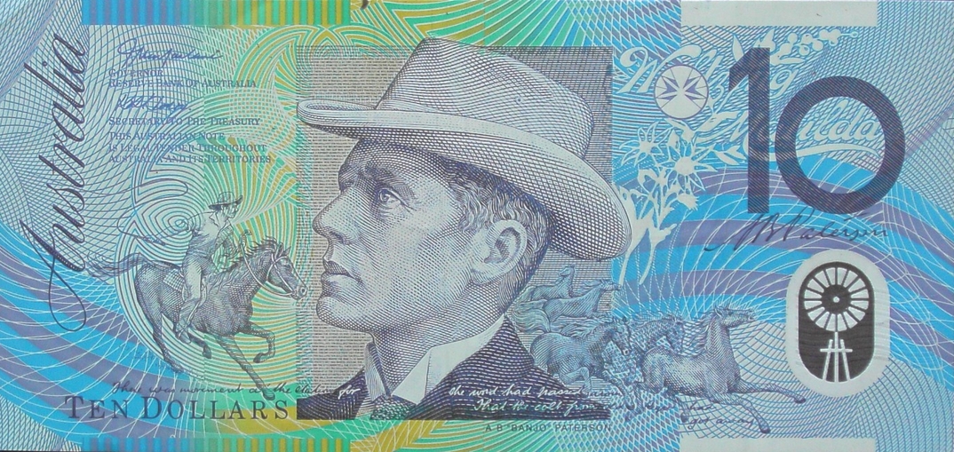 The ten dollar polymer banknote from Australia with the portrait of A.B. Banjo Paterson.