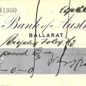 1889 - Rare Bank Of Australasia Cheque - Ballarat Victoria