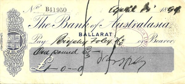 1889 - Rare Bank Of Australasia Cheque - Ballarat Victoria