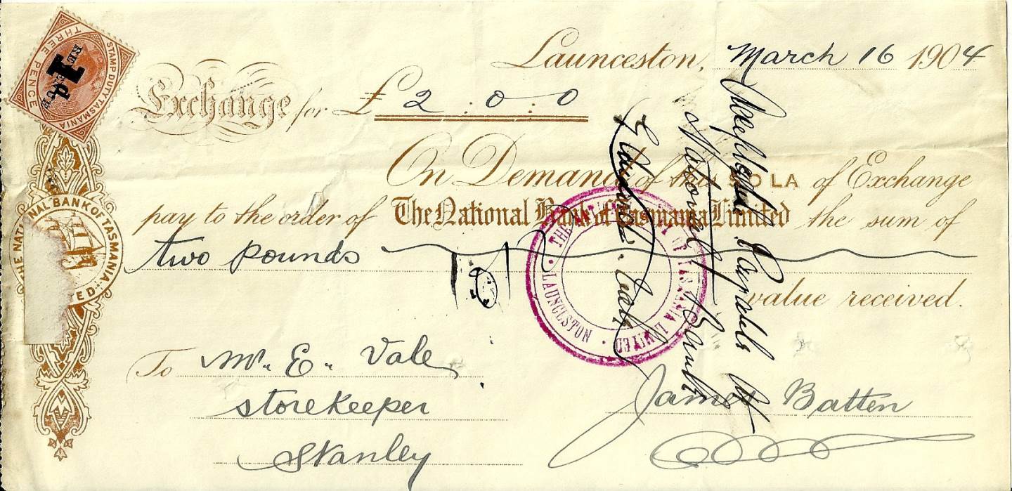 1904 National Bank of Tasmania Cheque