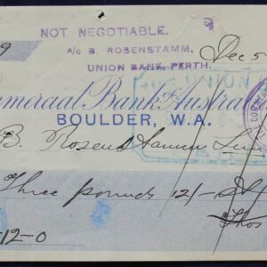 1906 Rare Bank Cheque - Boulder, Western Australia