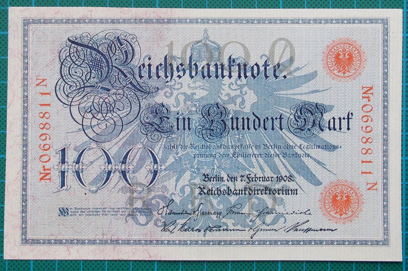 1908 REICHSBANKNOTE 100 MARK 0698811N