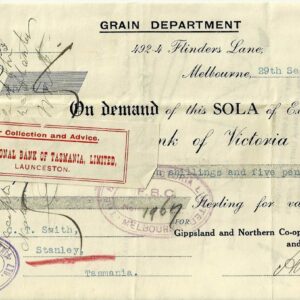 1917 Commercial Bank of Victoria Grain Department Sola Of Exchange