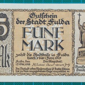1919 STADT FULDA NOTGELD GUTSCHEIN 5 MARK
