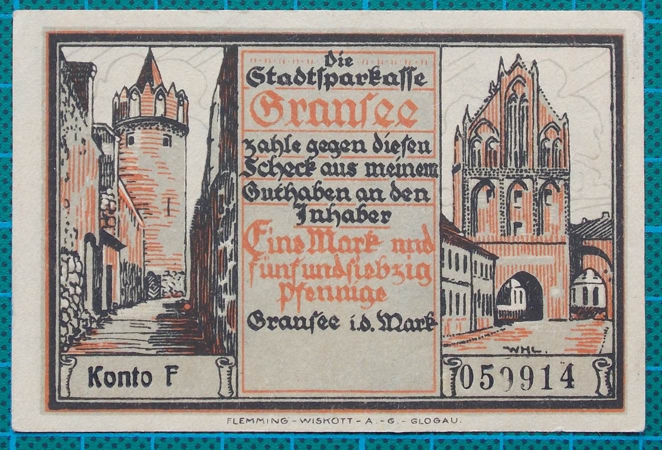 1921 GRANSEE EMERGENCY MONEY NOTGELD 175 PFENNIG