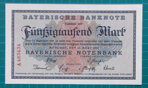 1923 BAYERISCHE BANKNOTE 50,000 MARK A463434