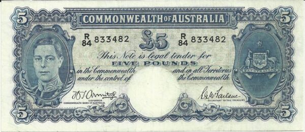 1941 Australia Five Pounds - R 84 Last Prefix