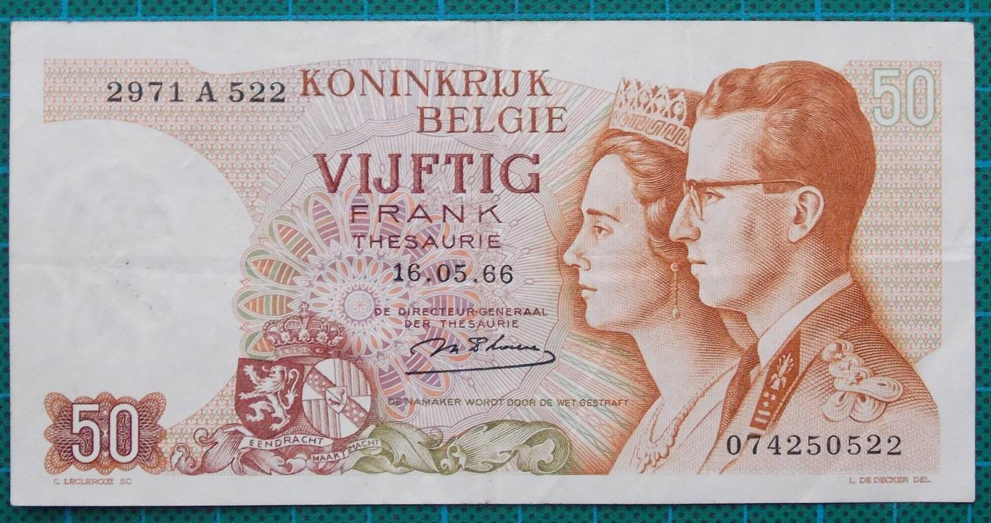 1966 Belgium 50 Francs Banknote 074250522