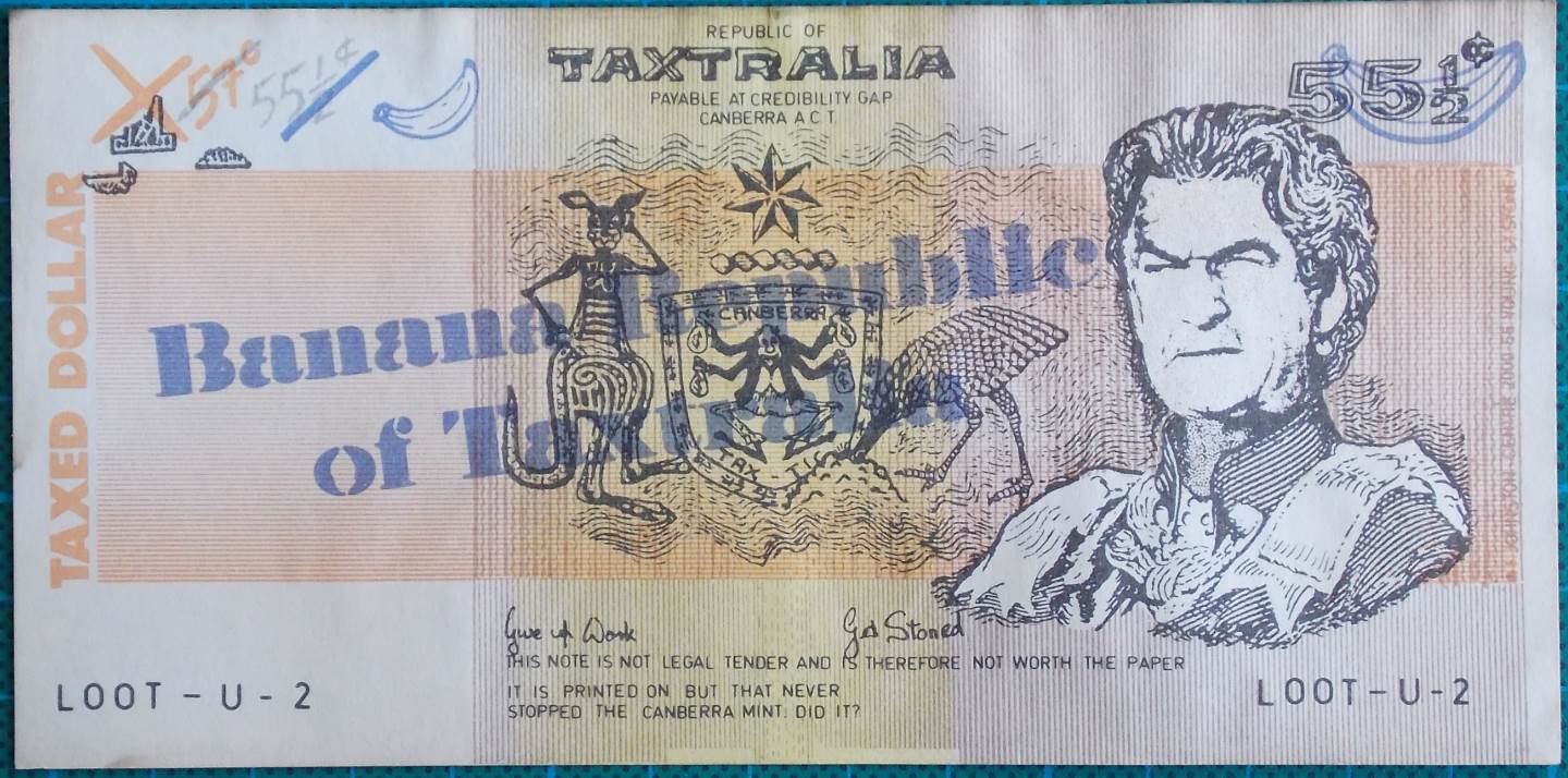 1985 Australian Bob Hawke Taxtralia Dollar Note