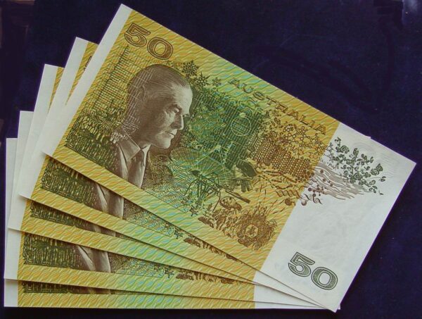 1993 Australia Fifty Dollars Consecutive Run of 5 Notes - WYF