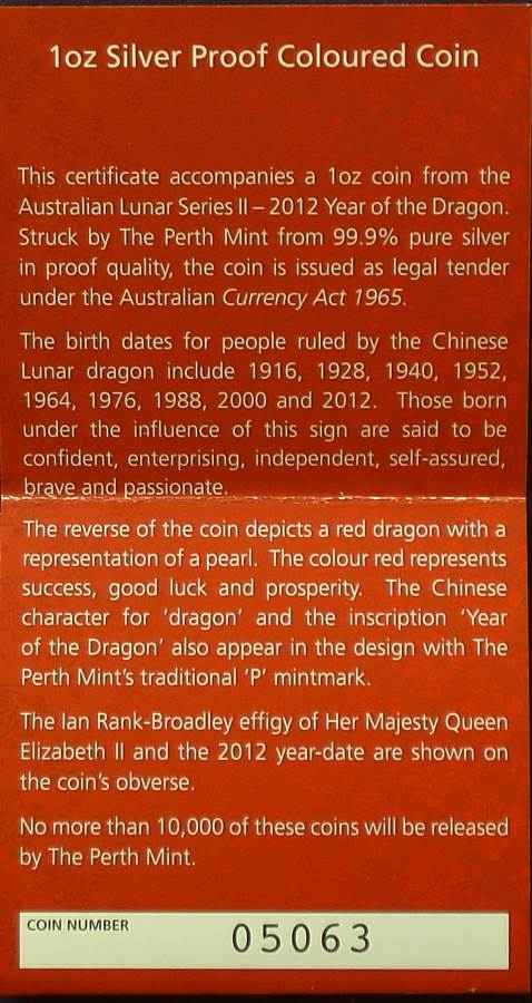 2012 Australian Lunar Silver Coin Series II - Year Of The Dragon