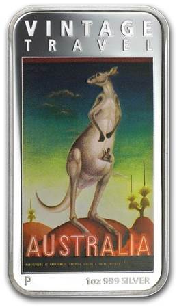 2014 Australia Vintage Travel Poster Kangaroo 1oz Silver Proof Rectangle Coin