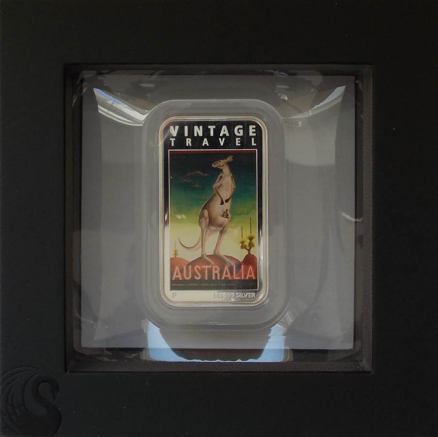 2014 Australia Vintage Travel Poster Kangaroo 1oz Silver Proof Rectangle Coin
