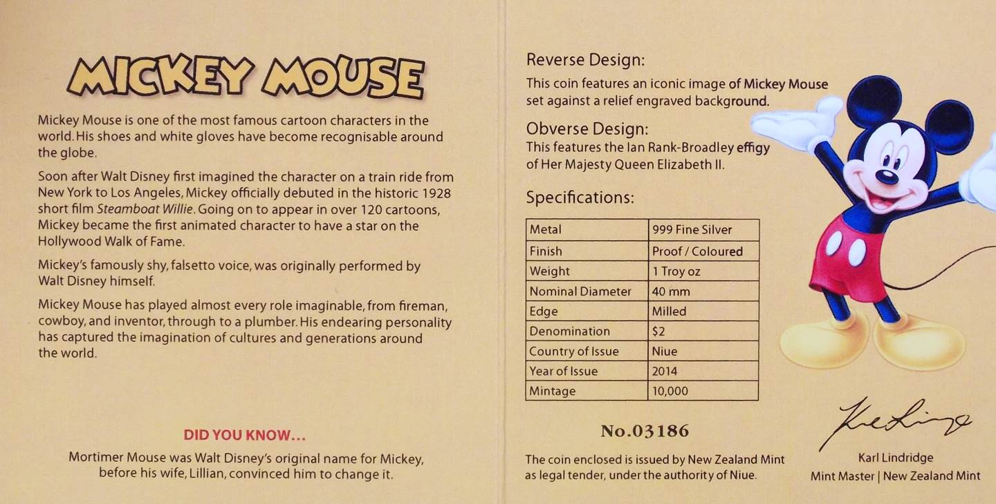 2014 Disney Mickey and Friends Mickey Mouse 1oz Silver Proof Coin Niue