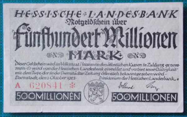 1923 HESSISCHE LANDESBANK 500 MILLION MARK A620841