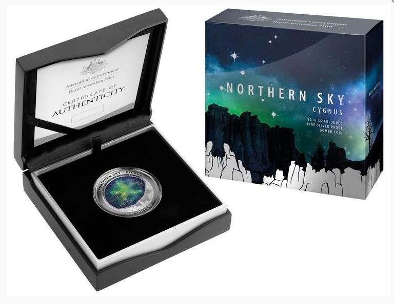 SKU #105051 2016 Australia Silver $5 Color Domed Northern Sky Cygnus 